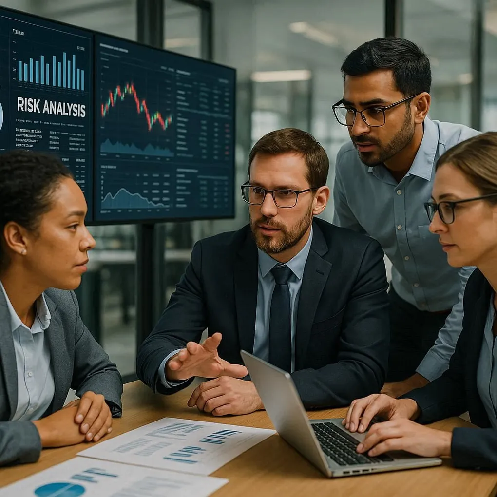 A group of four business professionals in formal attire engaged in a serious discussion around a conference table, reviewing financial documents and data on a laptop. Behind them, a large screen displays charts and graphs with the heading 'Risk Analysis'.